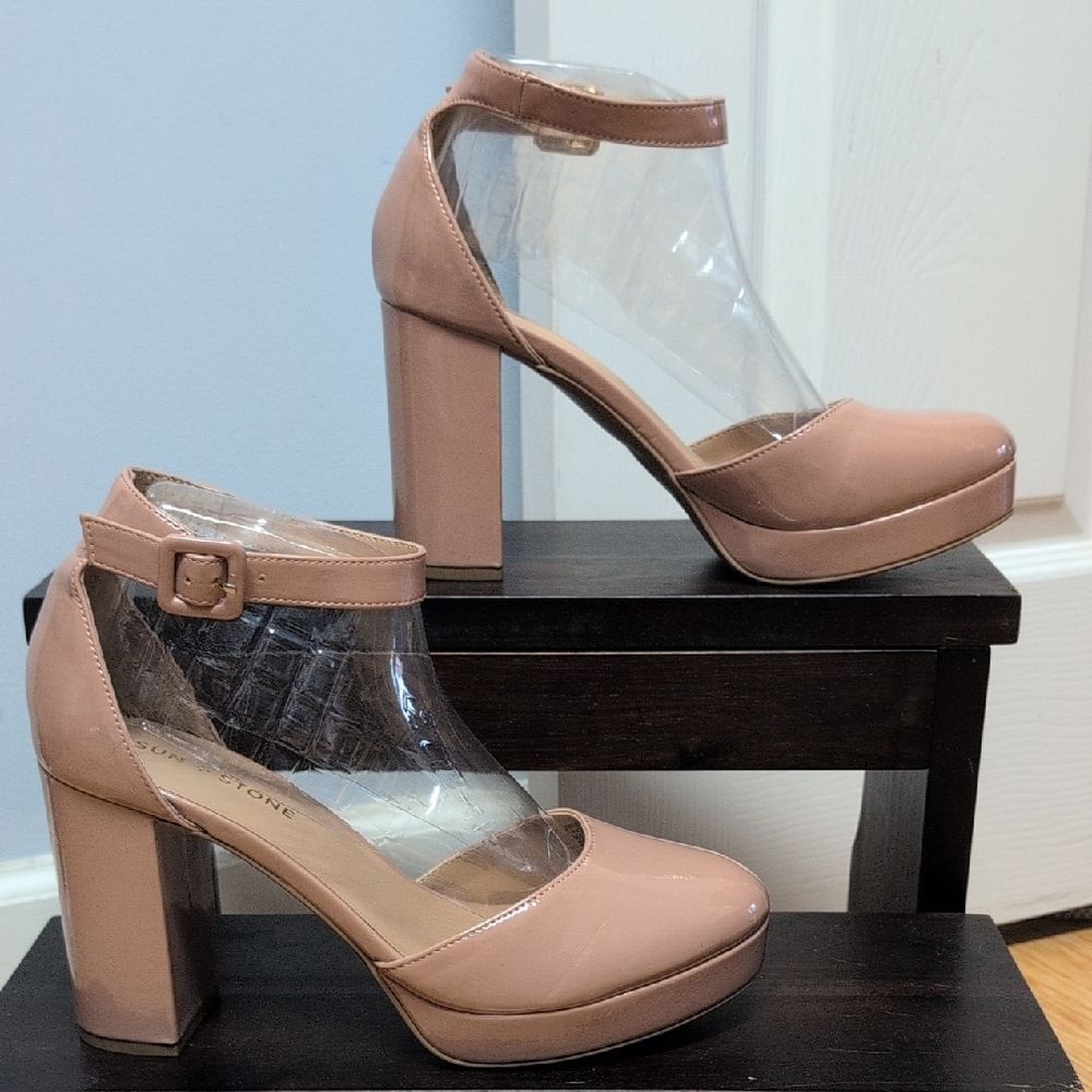 Sun + Stone Birdey Platform Patent Tan Blush Covered  Block/Ankle Buckle Sz 9.5M